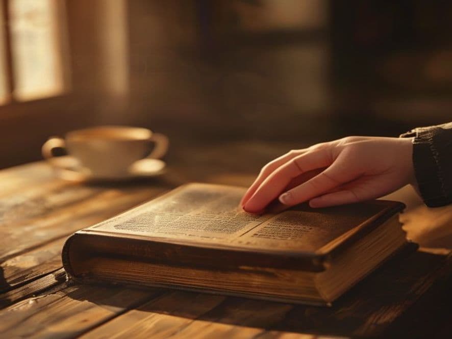 Mãos sobre uma Bíblia ao amanhecer